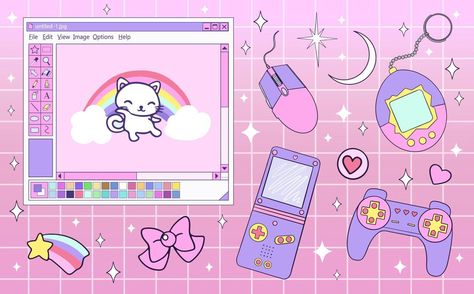 Kawaii elements set for Gamer Girl in 90s vaporwave style Gamer Girl Aesthetic Wallpaper, Gamer Girl Wallpaper, Gamer Girl Aesthetic, 90s Vaporwave, Aesthetic Blur, 90s Games, Pink 90s, Smile Drawing, Virgo Art