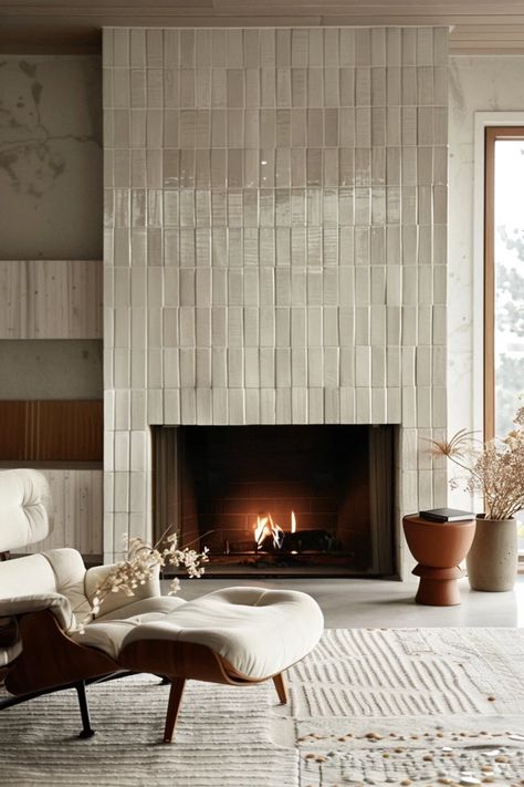 Discover transformative floor to ceiling fireplace tile ideas to create a captivating focal point in your living space. Get inspired to upgrade your home! Organic Modern Fireplace Tile, Floor To Ceiling Tiled Fireplace, Tiled Fireplaces Ideas, Fireplace Wall Tile Floor To Ceiling, Tile Fireplace Floor To Ceiling, Fireplace Design Tile, Stacked Tile Fireplace, Grey Tile Fireplace, Fireplace Wall Ideas Tile