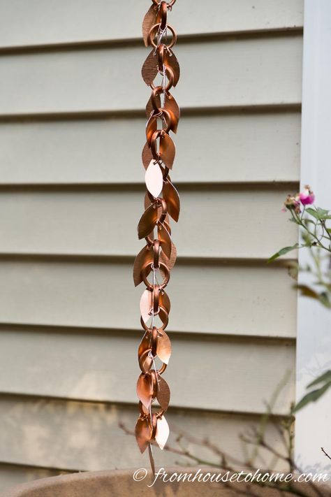 The rain chain with leaves | DIY Rain Chain (2 ways) Dyi Garden, Rain Chain Diy, Rain Chain Garden, Livable Sheds, Rain Catcher, Copper Rain Chains, Leaves Diy, Chain Ideas, Rain Barrels