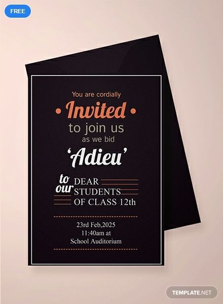 A simple and eye-catching invitation for an upcoming school farewell party. Craft an efficiently informative invitation for the event. High-quality and printable. Download easy to edit template this for free. Farewell Invitation Card, School Farewell, Party Invitation Ideas, Farewell Invitation, Handmade Invitation Cards, Farewell Party Invitations, Free Invitation Cards, Birthday Party Invitation Wording, Retirement Invitation Template