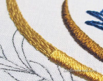 Satin stitch is one of my favorite stitches. Silk is one of my favorite embroidery fibers. Add the two together, and I'm in embroidery heaven. (I'm sure there is such a place...) In most circumstances, I pad my satin stitches. This can be done a number of ways. In the type of embroidery I'm d Satin Stitch Embroidery, Gold Work Embroidery, Pola Bordir, Embroidery Stitches Tutorial, Needlework Embroidery, Creative Embroidery, Silk Ribbon Embroidery, Crewel Embroidery, Hand Embroidery Stitches