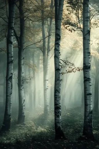 ↑↑↑ Larger size on website 🔸 A dense forest of tall birch trees is shrouded in fog. The sun's rays pierce through the mist, creat Story Settings, Forest Mist, Dense Forest, Birch Forest, Night Forest, Misty Forest, Fallen Leaves, Forest Trees, Story Setting