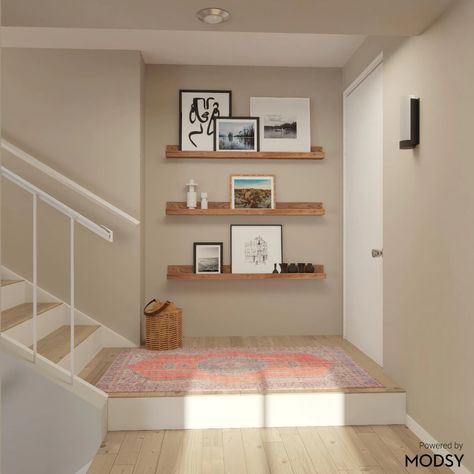 Transitional Style Entryway With Floating Shelves | Transitional-Style Entryway Design Ideas Big Boy Bedrooms Toddler, How To Decorate A Hallway, 3d Lockscreen, Leaning Bookcase, Boy Bedrooms, Frame Wall Collage, Big Boy Bedrooms, Entry Wall, Toddler Room Decor