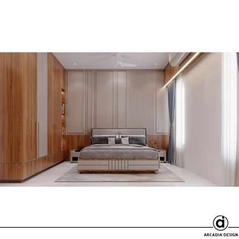 bedroom design with charcoal panel on bed back wall with PU finish. 3D rendered and visualization of modern bedroom Bedroom Space, Luxury Bedroom, 3d Visualization, Wardrobe Design, Luxurious Bedrooms, Space Design, Interior Spaces, Blending, Bedroom Design