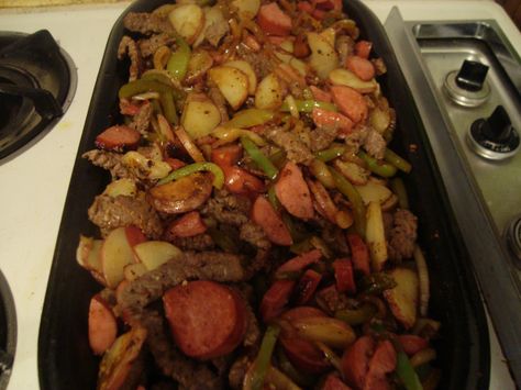 This is a recipe I swiped from my hubby. I tweaked it a little to cook inside on my griddle and he loved it! That’s good enough in my book. So, here we go. 2 pounds tenderized round steak 1 p… Cowboy Stir Fry, Grill Meals, Tenderized Round Steak, Outdoor Griddle Recipes, Blackstone Cooking, Griddle Cooking Recipes, Outdoor Griddle, Breakfast Skillet Recipes, Round Steak Recipes