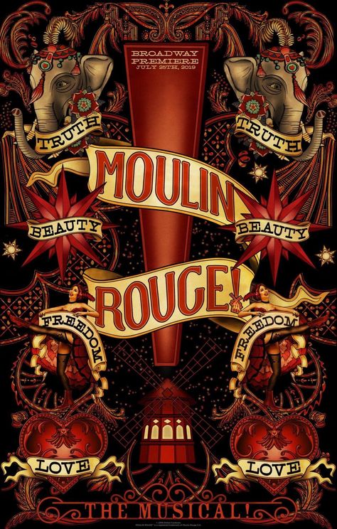 The Greatest Showman Poster, Moulin Rouge Broadway, Moulin Rouge Movie, Moulin Rouge Musical, Musical Wallpaper, Symmetrical Balance, Broadway Posters, Dark Circus, Baz Luhrmann