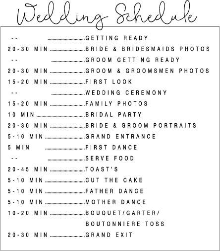 The Best Wedding Schedule Template EVER! Wedding Reception Schedule Of Events, Schedule For Wedding Day, Wedding Rehearsal Schedule, Wedding Day Schedule Template, Wedding Schedule Template, Short Wedding Timeline Day Of, Evening Wedding Schedule Of Events, Wedding Photography Schedule, Photography Timeline For Wedding