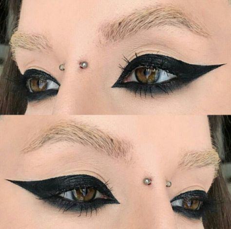 Full Eye Eyeliner, Big Eyeliner Makeup Looks, Eyeliner All Around Eye, Punk Eyeliner Looks, Heavy Black Eyeliner, Dramatic Black Eyeliner, Goth Puppy Eyeliner, Thick Winged Eyeliner Goth, Big Wing Eyeliner