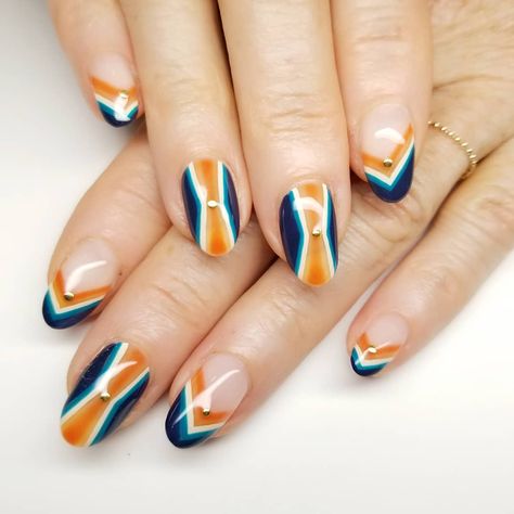 Akina on Instagram: “🔷️🔶️70's Retro🔶️🔷️ for @wendyrwintrob 💓 . . . #nails #nailart #gelnails #naildesign  #nailmouse🐭 #losangeles #sawtelle #ネイル #ネイルアート #ロサンゼルス” 70s Nail Designs, 70s Nails, Retro Nails, 70s Retro, Mani Pedi, Nails Nailart, Nail Ideas, Nail Inspo, Retro Vintage