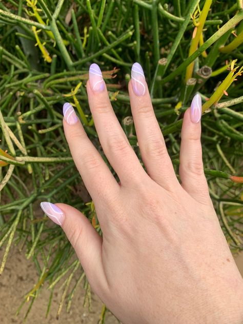 Purple And White Swirl Nails, Almond Purple Nails, Gel X Almond, Nail Aesthetic, Swirl Nails, Lilac Nails, Nails Purple, Lines On Nails, Purple Swirl