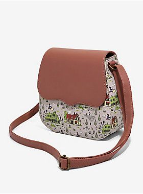 Make sure you have somewhere to keep important delivery items with this crossbody bag from  Kiki's Delivery Service . Printed all over with places and buildings from the Studio Ghibli movie with Kiki on her broom, Jiji, Lily and the kittens. Featuring a snap fastener closure, internal side pocket and adjustable crossbody strap. 9" x 4" x 8 1/2"  Polyurethane Features adjustable crossbody strap  Imported Totoro Merchandise, Studio Ghibli Kiki's Delivery Service, Ghibli Kiki's Delivery Service, Totoro Plush, Pop Culture Gifts, Service Map, Map Pattern, Kiki Delivery, Kiki's Delivery Service