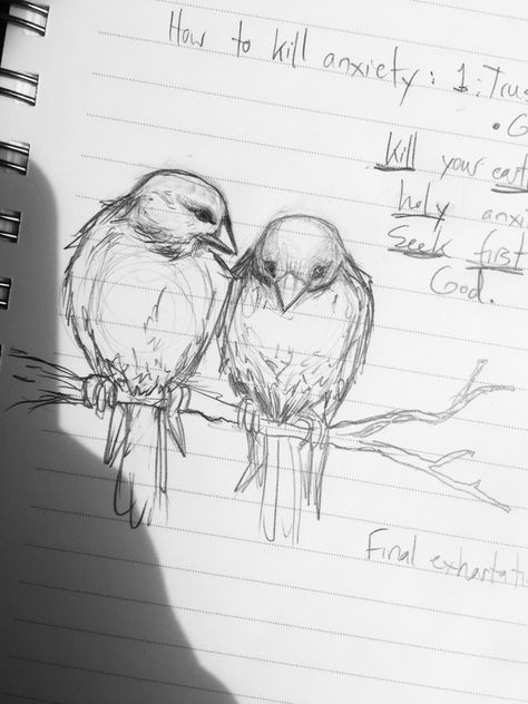 3 Birds On A Branch, Drawings Of Sparrows, Drawings Of Birds Sketches, Bird On Tree Drawing, Birds On A Branch Drawing, Bird Drawing Aesthetic, Two Birds Drawing, Drawing Ideas Birds, Bird On Branch Drawing