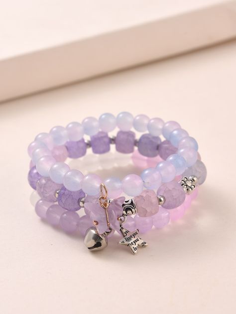 Purple Fashionable Collar Glass Embellished Fashion Jewelry Cute Purple Accessories, Purple Bracelets Beads, Light Purple Jewelry, Purple Bracelets, Bracelets Purple, Purple Crystal Bracelet, Beachy Bracelets, Girly Bracelets, Charm Beaded Bracelet