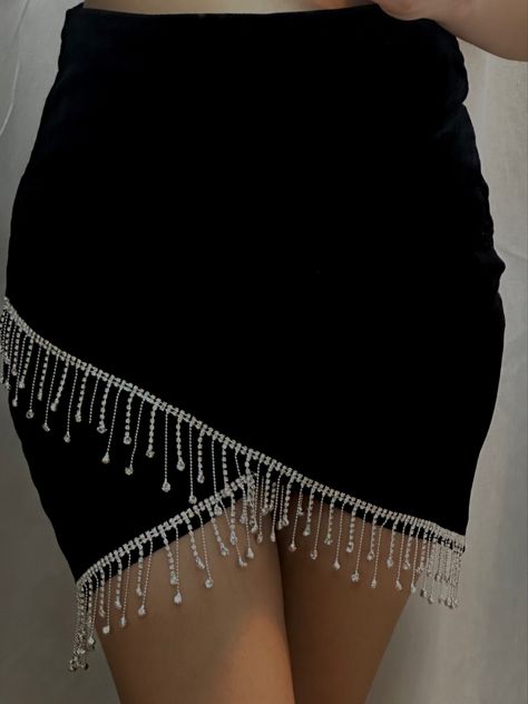 Black velvet skirt with rhinestone fringes, truly an obsession🫶🏻 Fringe Skirt Diy, Rhinestone Fringe Skirt, Skirt With Rhinestones, Kpop Closet, Rhinestone Skirt, Black Velvet Skirt, Quince Ideas, Fashion Sketches Dresses, High Fashion Outfits