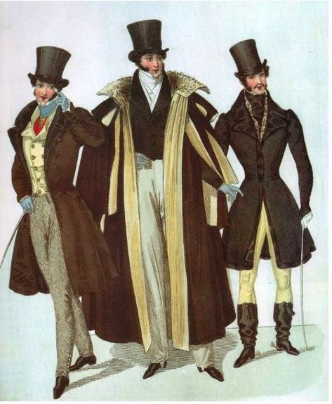 This image shoes what dandy men wore in the 19th century when dandyism was evolving into something greater than it used to be in the 18th century. (2012) 19th Century Mens Fashion, 19th Century Men, Dandy Style, Americana Vintage, 1800s Fashion, Regency Fashion, 19th Century Fashion, Tailored Coat, Top Hats