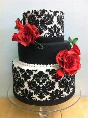 Damask wedding except with yellow flowers Wedding Cakes Red, Red Rose Wedding Cake, Damask Cake, Black And White Wedding Cake, Incredible Cakes, Fondant Wedding Cakes, Wedding Cake Roses, White Cakes, Black Wedding Cakes