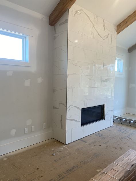 Quartz Tile Fireplace, 24x48 Tile Fireplace, Marble Fireplace Wall Corner, Linear Gas Fireplace Tile Surround, Fireplace With Marble Surround, Fireplace With Marble, Cast Stone Linear Fireplace, Fireplace Office, Regtangle Fireplace With Tile Suround