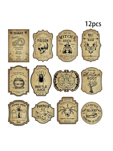 12pcs New Vintage Halloween Wine Bottle Stickers For Party DIY Decorations Multicolor    Paper     Event & Party Supplies, size features are:Bust: ,Length: ,Sleeve Length: Halloween Wine Bottle Labels, Halloween Wine Labels, Wine Bottle Decals, Halloween Apothecary Labels, Halloween Bottle Labels, Halloween Wine Bottles, Cumpleaños Harry Potter, Vintage Wine Bottle, Wine Bottle Stickers