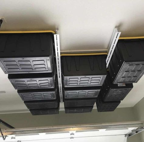 Shed Ceiling Storage, Diy Overhead Garage Storage, Easy Garage Storage, Ceiling Storage Rack, Garage Organizing, Garage Ceiling Storage, Garage Ceiling, Garage Organisation, Overhead Garage Storage