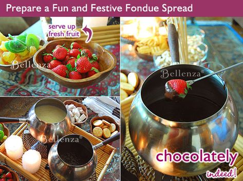 Serving suggestions for a fondue party - fresh fruit bites in melted cheese and chocolate sauce dips Holiday Fondue, Birthday For Adults, Fondue Bar, Fondue Restaurant, Cheese And Chocolate, Wedding Food Stations, Baby Shower Themes For Boys, Wedding Snacks, Fondue Party