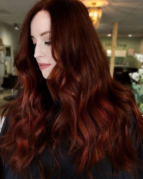 Liz Cook • Balayage Specialist on Instagram: “Fall queen 👑  #fallintotheriot19  @pulpriothair Faction8  FORMULA DROP:  5-8/5-4/5-66 for the root melted into 6-66/6-4/6-8/-66 🎃💀🍁🍂…” Dark Red Balayage, Mane Hair, Shades Of Red Hair, Natural Red Hair, Wine Hair, Brown Hair Inspo, Dyed Red Hair, Dark Red Hair, Ginger Hair Color