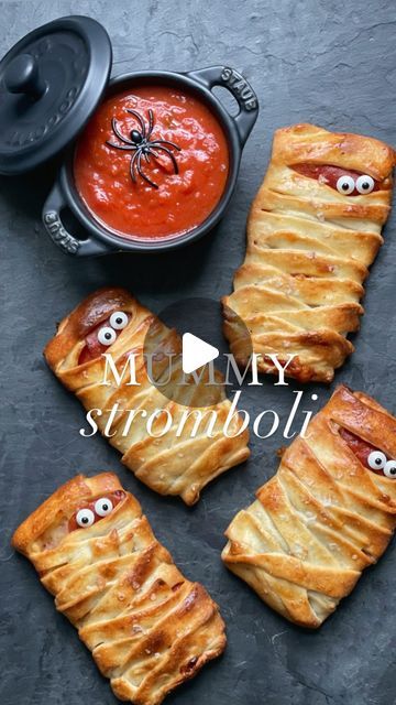 Sarah Fowler on Instagram: "Mummy Stromboli 🍕 These mini pepperoni strombolis are so easy to make and perfect for spooky season. Tag me if you try it! #halloween #trickortreat #stromboli #pepperoni #pepperonipizza #pizza #easyrecipes #halloweentreats #feedfeed #f52grams #makemore #madeinstaub #staub #traderjoes #spookyseason #halloweenfood #halloweenideas #f52community #williamssonoma #foodtographyschool #todayshow #todayfood" Pumpkin Baked Brie, Maple Pecans, Mummy Pizza, Brie En Croute, Halloween Pizza, Pumpkin Butter, Baked Brie, Cheese Lover, Pumpkin Seasoning