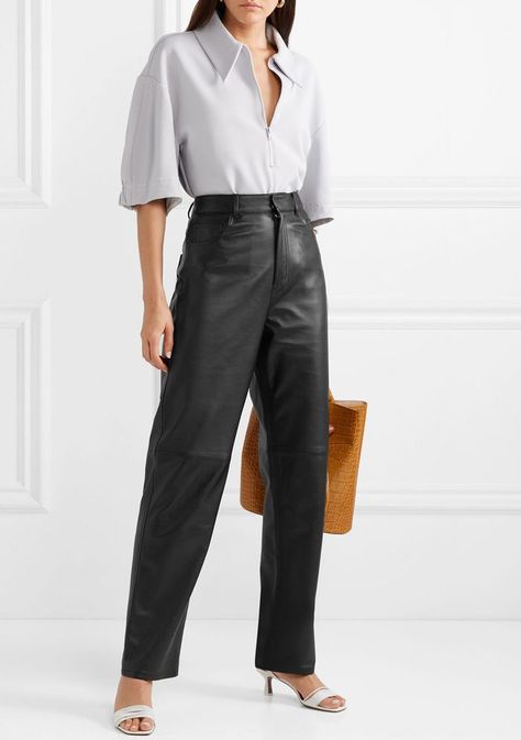 Tibi Carpenter Leather Straight-Leg Pants Straight Leg Leather Pants, Leather Pants Outfit, Cutout Sweater, Cable Knit Sweater Cardigan, Rib Knit Cardigan, Pant Trends, Black Leather Pants, Estilo Chic, Knit Sweater Cardigan