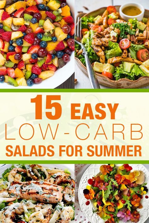 15 Easy Low-Carb Salads For Summer Lunch or Dinner. LCHF, Gluten-Free. Carb Free Salads, Salad For Diabetics Easy Recipes, Salads For Diabetics, Low Carb Summer Recipes, Salads For Summer, Afternoon Lunch, Salad Recipes Low Carb, Zesty Salad, Low Carb Salad