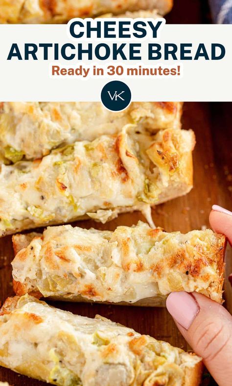 Stuffed Artichoke Bread, Artichoke Cheese Bread, Artichoke Bread Appetizer, Spinach Artichoke French Bread, Baked Cheese Bread, Appetizer Using French Bread, Cheesy Artichoke Bread, Pillsbury French Bread Recipes, Artichoke Garlic Bread