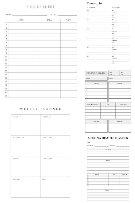 Get organized and supercharge your PTO/PTA efforts with our Printable Planner Kit! Ideal for busy parent-teacher organization members, this kit includes meeting notes, sign-up sheets, agenda planning, and more. Perfect for school fundraisers, meetings, and community engagement. Grab your printable planner kit today and make PTO/PTA leadership a breeze! #PTO #PTA #PrintablePlanner #PTOPlanner #PTAParents #SchoolVolunteers #OrganizeYourEfforts #BoostProductivity #PrintableKit Pto Planner Free Printable, Parent Teacher Organization, Pto Meeting, Planner Free Printable, Sign Up Sheets, School Volunteer, Parent Teacher, Meeting Notes, Teacher Organization