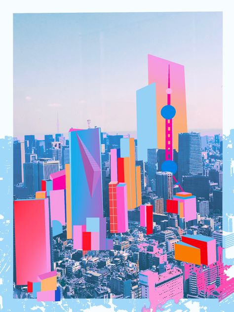 City Collage Poster, Vibrant City Aesthetic, City Pop Graphic Design, City Graphic Design, City Pop Illustration, City Graphic, Neon Cityscape, Graphic Design Styles, Key Visual