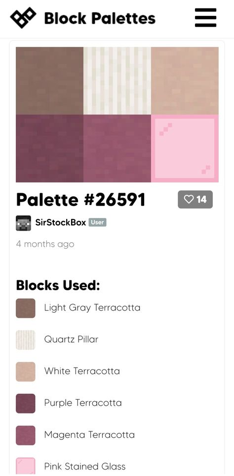 Minecraft Color Palette Cottage Core, Minecraft Palates, Minecraft Colour Palette, Minecraft Color Palette, Minecraft Block Palette, Minecraft Palette, Block Pallets, Minecraft Banner Patterns, Color Generator