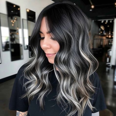 Black With Ash Highlights, Silver Balayage Curly Hair, Black Silver Ombre Hair Short, Dark Brown Hair With Blonde Dimension, Ashy Dark Balayage, Silver Ash Balayage On Dark Hair, Money Piece With Shadow Root, Black Hair With Gray Money Piece Highlights, Brown Hair White Blonde Highlights