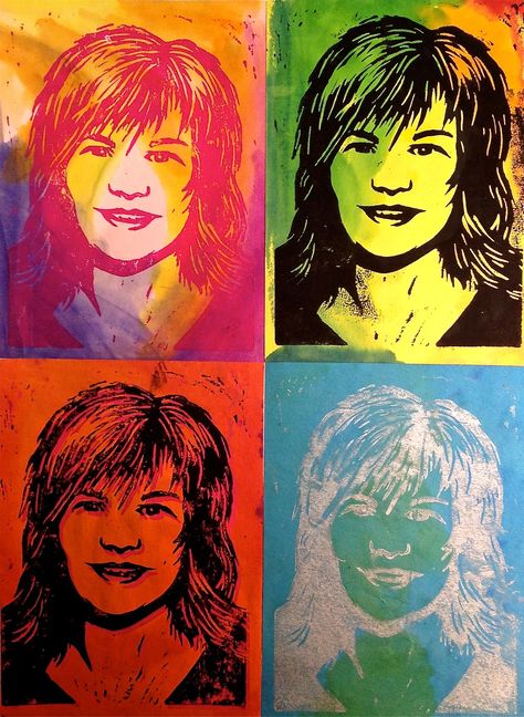 Pop Art Self-Portrait Warhol Printmaking Lesson - Create Art with ME Linoleum Printmaking, Printmaking Projects, Self Portrait Art, 7th Grade Art, 8th Grade Art, Linoleum Block Printing, 6th Grade Art, 5th Grade Art, Pop Art Portraits