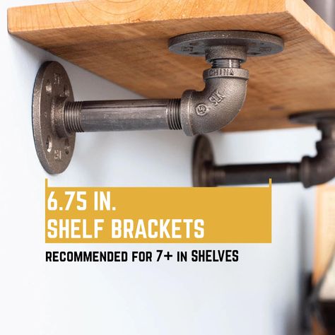 SET OF 4 DOUBLE FLANGE INDUSTRIAL SHELF BRACKETS: Add eye-catching style to your new set of shelves with these heavy duty pipe shelving brackets. Cast iron fittings pair impeccably with woods of various colors and sizes. Treat your visitors to your sense of style and attention to detail. Pipe fits a surprising number of looks and aesthetics, including: steampunk lighting, industrial, factory, French country farmhouse, vintage, retro reclamation, DIY and water piping. IMPORTANT SPECS: This bracke Shelf Bracket Ideas, Diy Industrial Shelves, Wood And Pipe Shelves, Pipe Leg Table, Industrial Table Legs, Pipe Shelving, Shelving Brackets, Shelf Decor Bedroom, Industrial Shelf