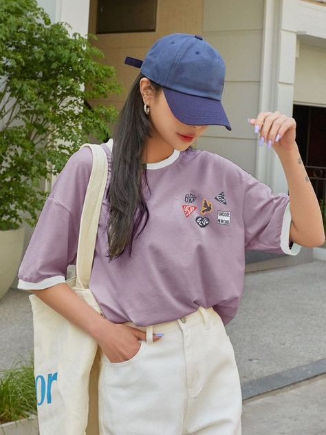 Purple Casual Collar Half Sleeve Fabric Cartoon,Letter Embellished Slight Stretch Women Clothing Polo Outfit Women's Korean, Polo Outfit Women's, Baggy Shirts, Polo Outfit, Oversized Clothes, Artsy Outfit, Outfit Korean, Graphic Tee Outfits, Drop Shoulder Tee