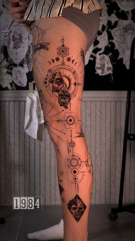 Geometric Tattoo Design Leg, Geometric Greek Tattoo, Thigh Tats Men, Symmetrical Tattoos, Graphic Tattoos, Historical Tattoos, Icarus Tattoo, Negative Space Tattoo, Geometric Line Tattoo