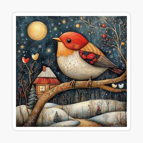 Get my art printed on awesome products. Support me at Redbubble #RBandME: https://www.redbubble.com/i/sticker/Christmas-Folk-Art-Scene-Bird-on-Winter-Branch-Holiday-Home-Decor-Rustic-Christmas-Art-Whimsical-Wildlife-Illustration-by-MTJ-Mushrooms/165364187.EJUG5?asc=u Whimsical Christmas Art, Christmas Folk Art, Wildlife Illustration, Christmas Window Painting, Whimsical Art Paintings, Art Whimsical, Sticker Christmas, Winter Illustration, Home Decor Rustic