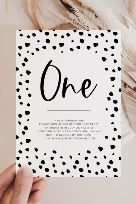 Dalmatian 1st Birthday Invitation A monochrome dalmatian pattern design, simple and modern - perfect for your next party! #dalmatian #birthday #happybirthday #birthdaycards #birthdayparty #firstbirthday #turningone #onederful 101 Dalmatians First Birthday, Dalmatian Birthday Party, 101 Dalmatians Party, Dalmation Party, 101 Dalmatians Birthday, 101 Dalmations Party, Pattern Design Simple, Dalmatian Birthday, Dalmatian Party