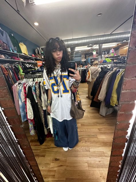 Light Blue Jorts Outfit, Homeless Core Outfit, Baggy Jersey Outfit, How To Style A Jersey, Y2k Skater Outfits, Bastardcore Outfits, Loser Core Outfits, Masculine Female Outfits, Losercore Outfits