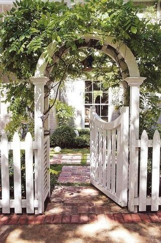 Farmhouse Fence, Wisteria Pergola, Garden Gates And Fencing, Pergola Garden, Pergola Design, Garden Arbor, Front Yard Fence, White Picket Fence, Backyard Pergola