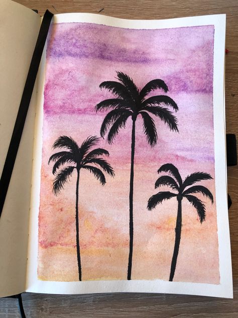 Watercolor Sunset, Drawing Watercolor, Cute Paintings, Pink Sunset, Purple Sky, Watercolor Trees, Diy Canvas Art Painting, Diy Canvas Art, Diy Canvas