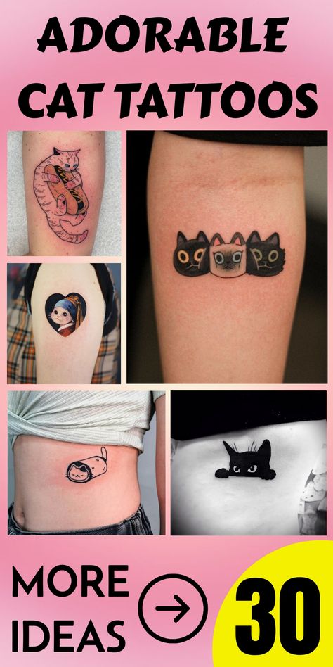 Cat tattoos are popular, especially among ladies. Cats are one of the cutest pets and friends ever. Who can resist these adorable fur balls? They might be a little mischievous sometimes, but their cuddly nature makes it difficult to remain angry with them. But our feline companions are more than simply pets. They also represent freedom, wisdom, and feminine energy. Cat Soulmate Tattoo, Finger Tattoos Cat, 2 Cat Tattoo Designs, Cartoon Cat Tattoo, Matching Cat Tattoos, Minimal Cat Tattoo, Group Tattoos, Cat Tattoo Simple, Cute Cat Tattoo