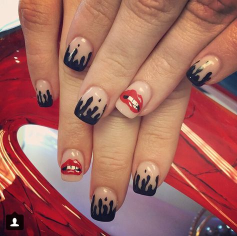 Rocky Horror Picture Show Nail Art, Rocky Horror Nails Art, Rocky Horror Picture Show Nails, Rocky Horror Nails, Heathers Nails, Goth Acrylic Nails, Horror Movie Nails, Halloween Decorations Creepy, Halloween Gel Nails