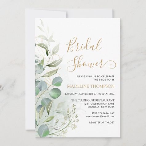 Modern Greenery Eucalyptus Gold Bridal Shower Sage Green And Gold Bridal Shower Ideas, Sage Green Bridal Shower Ideas, Sage Green Wedding Ideas, Cinderella Bridal Shower, Kitchen Tea Ideas, Pearl Bridal Shower, Green Gold Weddings, Green Bridal Showers, Wedding Motif