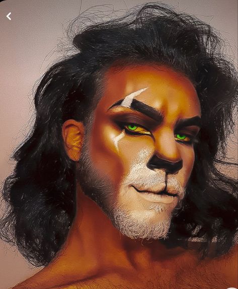 Scar Make Up Lion King, Scar Disney Makeup, Scar Halloween Costume Lion King, Beast Make Up Disney, Lion Makeup Man, Halloween Costumes With Locs, Scar Makeup Lion King, Halloween Makeup For Men With Beards, Lion Makeup Halloween