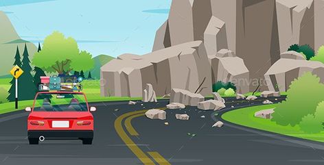 Landslides on The Road. Image Rock, Japanese Poster Design, Japanese Poster, Vector Photo, Image Collection, On The Road, The Mountain, Graphic Illustration, Premium Vector