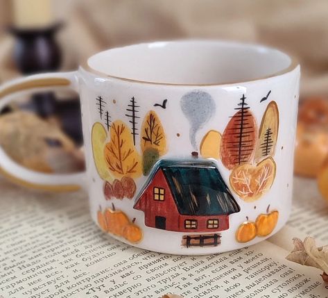 ceramics,mugs,fall,etsy Fall Mugs Pottery, Pumpkin Ceramic Mug, Autumnal Pottery Painting, Unique Mugs Pottery, Fall Mug Ideas, Fall Ceramic Painting Ideas, Autumn Pottery Painting Ideas, Autumn Ceramics Ideas, Pottery Painting Ideas Fall