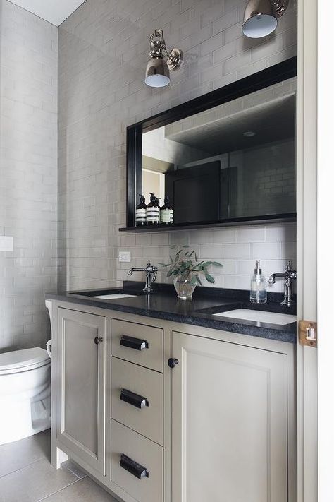 Light Taupe Washstand with Black Granite Countertop - Transitional - Bathroom Black Countertop Bathroom, Gray Subway Backsplash, White Cabinets Black Granite, Taupe Bathroom, Jean Stoffer Design, Granite Bathroom Countertops, Grey Bathroom Cabinets, Jean Stoffer, Black Countertop