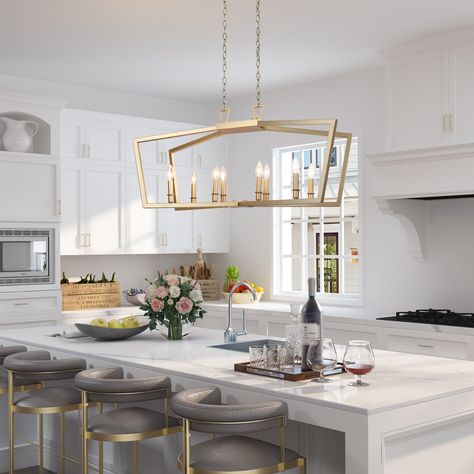 Gold Kitchen Lights, Island Kitchen Ideas With Seating, Metal Kitchen Island, Kitchen Island Hanging Lights, Small Kitchen Island Ideas, Lights Over Kitchen Island, Art Effects, Island Light Fixtures, Small Kitchen Island